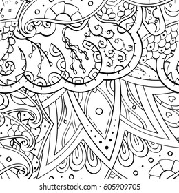 Tracery seamless calming pattern. Mehndi design. Ethnic monochrome binary doodle texture. Curved doodling black and white background. Vector.