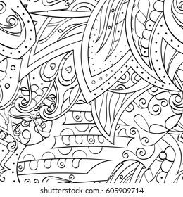 Tracery seamless calming pattern. Mehndi design. Ethnic monochrome binary doodle texture. Curved doodling black and white background. Vector.