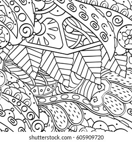 Tracery seamless calming pattern. Mehndi design. Ethnic monochrome binary doodle texture. Curved doodling black and white background. Vector.