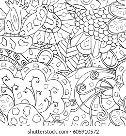 Tracery seamless calming pattern. Mehndi design. Ethnic monochrome binary doodle texture. Curved doodling black and white background. Vector.