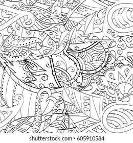 Tracery seamless calming pattern. Mehndi design. Ethnic monochrome binary doodle texture. Curved doodling black and white background. Vector.