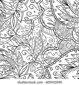 Tracery seamless calming pattern. Mehndi design. Ethnic monochrome binary doodle texture. Curved doodling black and white background. Vector.