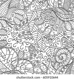 Tracery seamless calming pattern. Mehndi design. Ethnic monochrome binary doodle texture. Curved doodling black and white background. Vector.