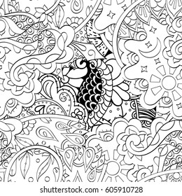 Tracery seamless calming pattern. Mehndi design. Ethnic monochrome binary doodle texture. Curved doodling black and white background. Vector.