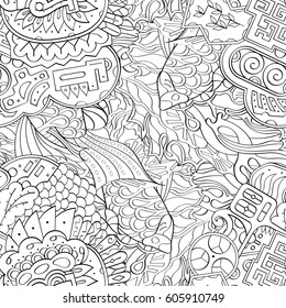 Tracery seamless calming pattern. Mehndi design. Ethnic monochrome binary doodle texture. Curved doodling black and white background. Vector.