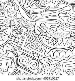 Tracery seamless calming pattern. Mehndi design. Ethnic monochrome binary doodle texture. Curved doodling black and white background. Vector.