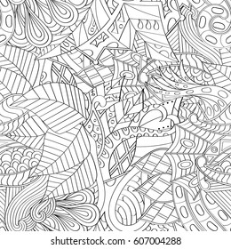 Tracery seamless calming pattern. Mehndi design. Ethnic monochrome binary doodle texture. Curved doodling black and white background. Vector.