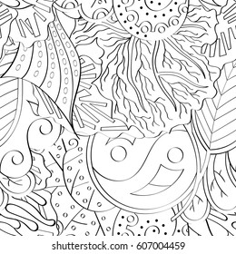 Tracery seamless calming pattern. Mehndi design. Ethnic monochrome binary doodle texture. Curved doodling black and white background. Vector.