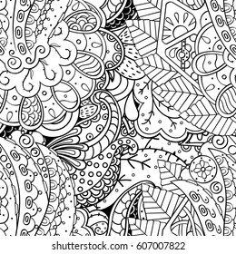 Tracery seamless calming pattern. Mehndi design. Ethnic monochrome binary doodle texture. Curved doodling black and white background. Vector.