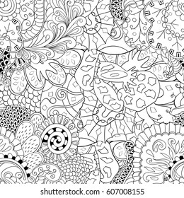 Tracery seamless calming pattern. Mehndi design. Ethnic monochrome binary doodle texture. Curved doodling black and white background. Vector.
