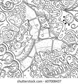 Tracery seamless calming pattern. Mehndi design. Ethnic monochrome binary doodle texture. Curved doodling black and white background. Vector.