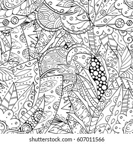 Tracery seamless calming pattern. Mehndi design. Ethnic monochrome binary doodle texture. Curved doodling black and white background. Vector.