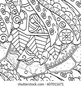 Tracery seamless calming pattern. Mehndi design. Ethnic monochrome binary doodle texture. Curved doodling black and white background. Vector.