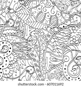 Tracery seamless calming pattern. Mehndi design. Ethnic monochrome binary doodle texture. Curved doodling black and white background. Vector.