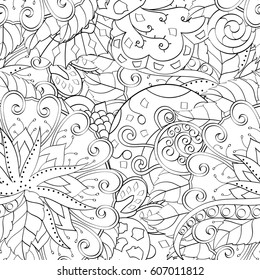 Tracery seamless calming pattern. Mehndi design. Ethnic monochrome binary doodle texture. Curved doodling black and white background. Vector.