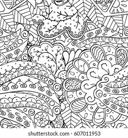 Tracery seamless calming pattern. Mehndi design. Ethnic monochrome binary doodle texture. Curved doodling black and white background. Vector.
