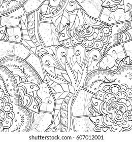 Tracery seamless calming pattern. Mehndi design. Ethnic monochrome binary doodle texture. Curved doodling black and white background. Vector.