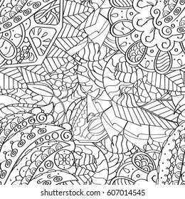Tracery seamless calming pattern. Mehndi design. Ethnic monochrome binary doodle texture. Curved doodling black and white background. Vector.