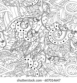Tracery seamless calming pattern. Mehndi design. Ethnic monochrome binary doodle texture. Curved doodling black and white background. Vector.