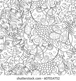 Tracery seamless calming pattern. Mehndi design. Ethnic monochrome binary doodle texture. Curved doodling black and white background. Vector.