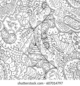 Tracery seamless calming pattern. Mehndi design. Ethnic monochrome binary doodle texture. Curved doodling black and white background. Vector.