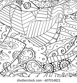 Tracery seamless calming pattern. Mehndi design. Ethnic monochrome binary doodle texture. Curved doodling black and white background. Vector.