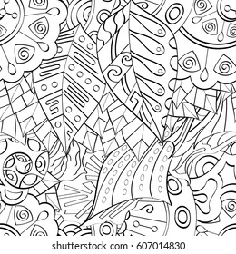 Tracery seamless calming pattern. Mehndi design. Ethnic monochrome binary doodle texture. Curved doodling black and white background. Vector.