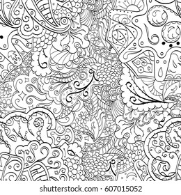 Tracery seamless calming pattern. Mehndi design. Ethnic monochrome binary doodle texture. Curved doodling black and white background. Vector.