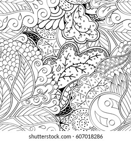 Tracery seamless calming pattern. Mehndi design. Ethnic monochrome binary doodle texture. Curved doodling black and white background. Vector.