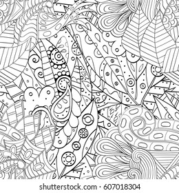 Tracery seamless calming pattern. Mehndi design. Ethnic monochrome binary doodle texture. Curved doodling black and white background. Vector.