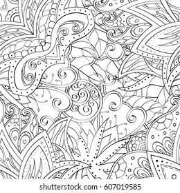 Tracery seamless calming pattern. Mehndi design. Ethnic monochrome binary doodle texture. Curved doodling black and white background. Vector.