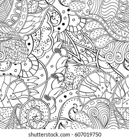 Tracery seamless calming pattern. Mehndi design. Ethnic monochrome binary doodle texture. Curved doodling black and white background. Vector.