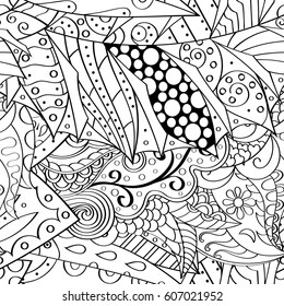 Tracery seamless calming pattern. Mehndi design. Ethnic monochrome binary doodle texture. Curved doodling black and white background. Vector.