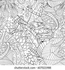 Tracery seamless calming pattern. Mehndi design. Ethnic monochrome binary doodle texture. Curved doodling black and white background. Vector.