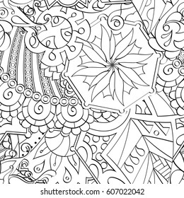 Tracery seamless calming pattern. Mehndi design. Ethnic monochrome binary doodle texture. Curved doodling black and white background. Vector.