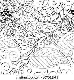Tracery seamless calming pattern. Mehndi design. Ethnic monochrome binary doodle texture. Curved doodling black and white background. Vector.
