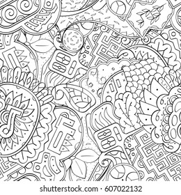 Tracery seamless calming pattern. Mehndi design. Ethnic monochrome binary doodle texture. Curved doodling black and white background. Vector.