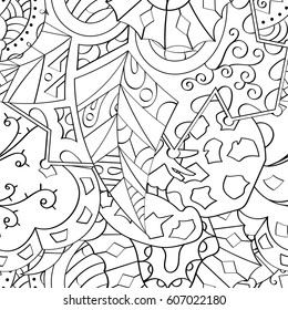 Tracery seamless calming pattern. Mehndi design. Ethnic monochrome binary doodle texture. Curved doodling black and white background. Vector.