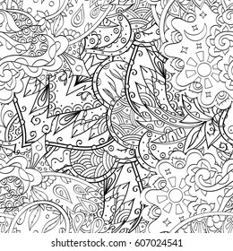 Tracery seamless calming pattern. Mehndi design. Ethnic monochrome binary doodle texture. Curved doodling black and white background. Vector.