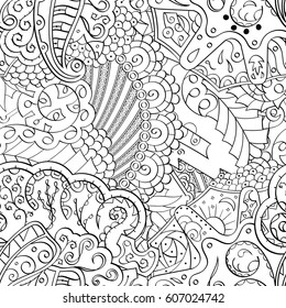 Tracery seamless calming pattern. Mehndi design. Ethnic monochrome binary doodle texture. Curved doodling black and white background. Vector.