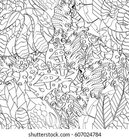Tracery seamless calming pattern. Mehndi design. Ethnic monochrome binary doodle texture. Curved doodling black and white background. Vector.