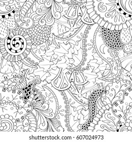 Tracery seamless calming pattern. Mehndi design. Ethnic monochrome binary doodle texture. Curved doodling black and white background. Vector.