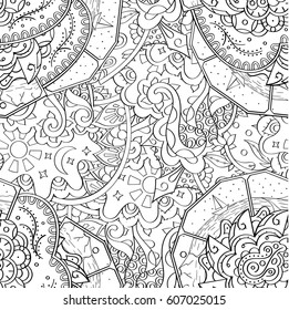 Tracery seamless calming pattern. Mehndi design. Ethnic monochrome binary doodle texture. Curved doodling black and white background. Vector.