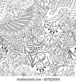 Tracery seamless calming pattern. Mehndi design. Ethnic monochrome binary doodle texture. Curved doodling black and white background. Vector.