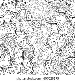 Tracery seamless calming pattern. Mehndi design. Ethnic monochrome binary doodle texture. Curved doodling black and white background. Vector.