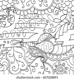 Tracery seamless calming pattern. Mehndi design. Ethnic monochrome binary doodle texture. Curved doodling black and white background. Vector.