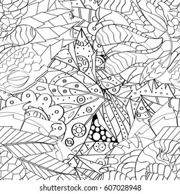 Tracery seamless calming pattern. Mehndi design. Ethnic monochrome binary doodle texture. Curved doodling black and white background. Vector.
