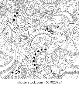 Tracery seamless calming pattern. Mehndi design. Ethnic monochrome binary doodle texture. Curved doodling black and white background. Vector.