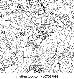 Tracery seamless calming pattern. Mehndi design. Ethnic monochrome binary doodle texture. Curved doodling black and white background. Vector.