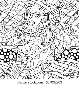 Tracery seamless calming pattern. Mehndi design. Ethnic monochrome binary doodle texture. Curved doodling black and white background. Vector.